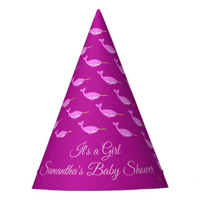Pretty Pink Baby Girl Narwhal Baby Shower Custom Party Hat (Front)