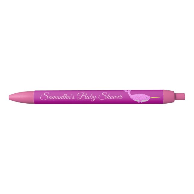 Pretty Pink Baby Girl Narwhal Baby Shower Custom Pen (Front)