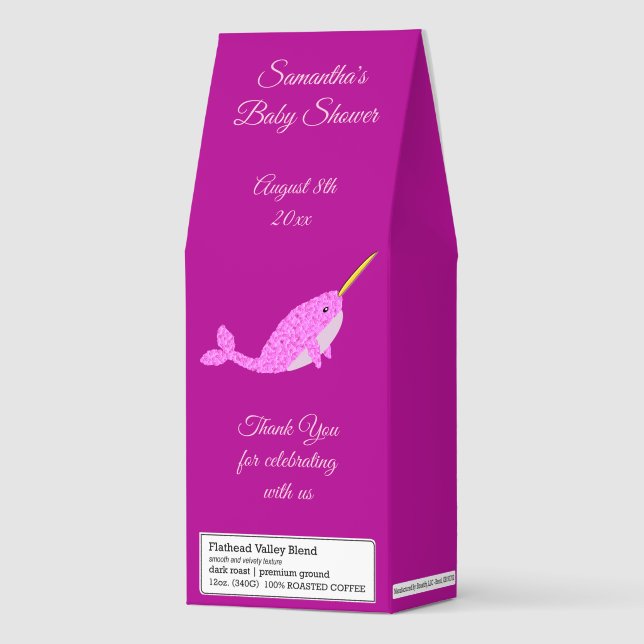 Pretty Pink Baby Girl Narwhal Baby Shower Custom Roasted Coffee (Front)