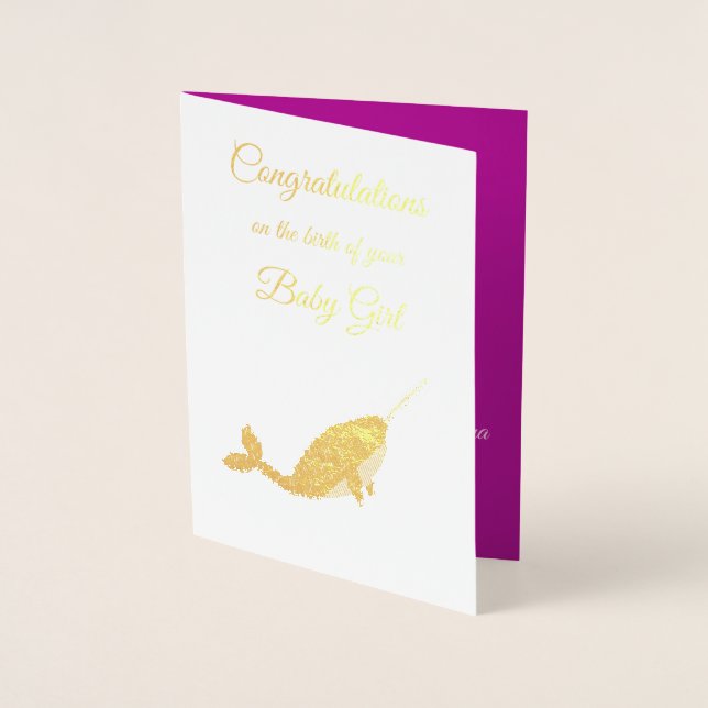 Pretty Pink Baby Girl Narwhal Congratulations Foil Card (Front)
