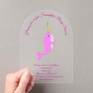 Pretty Pink Baby Girl Narwhal Custom Baby Shower Acrylic Invitations