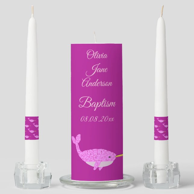 Pretty Pink Baby Girl Narwhal Custom Baptism Unity Candle Set (Front)