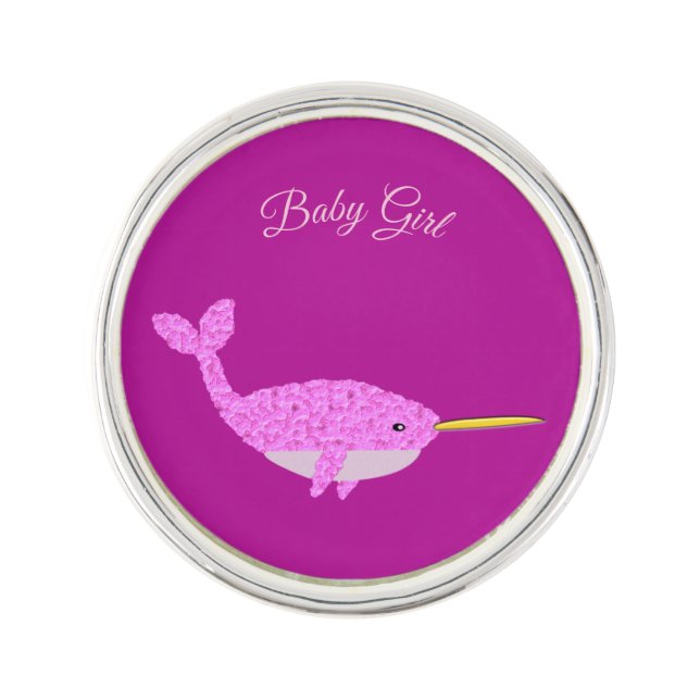 Pretty Pink Baby Girl Narwhal Custom Gender Reveal Lapel Pin (Front)