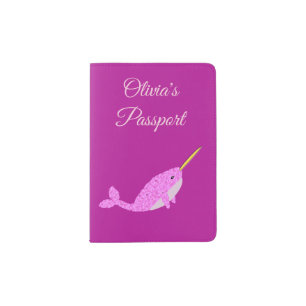 Pretty Pink Baby Girl Narwhal Custom Name Passport Holder