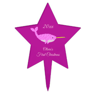 Pretty Pink Baby Girl Narwhal First Christmas Cake Topper