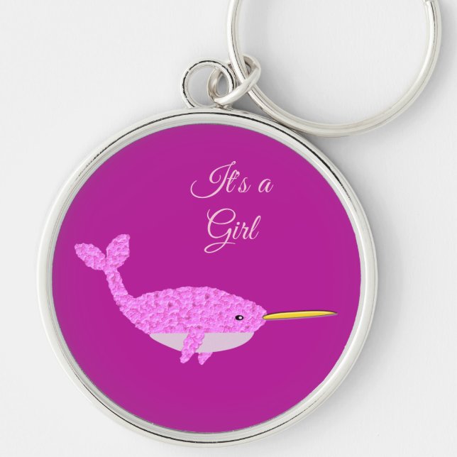 Pretty Pink Baby Girl Narwhal Gender Reveal Custom Keychain (Front)