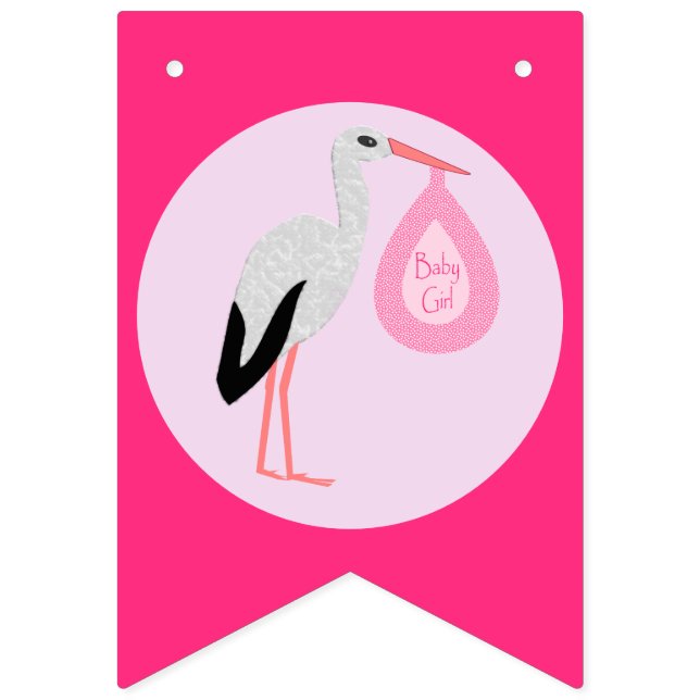 Pretty Pink Baby Girl Stork Baby Shower Bunting Flags (First Flag)