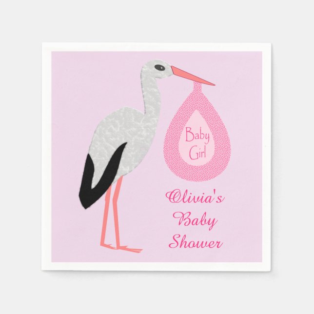Pretty Pink Baby Girl Stork Baby Shower Custom Napkins (Front)