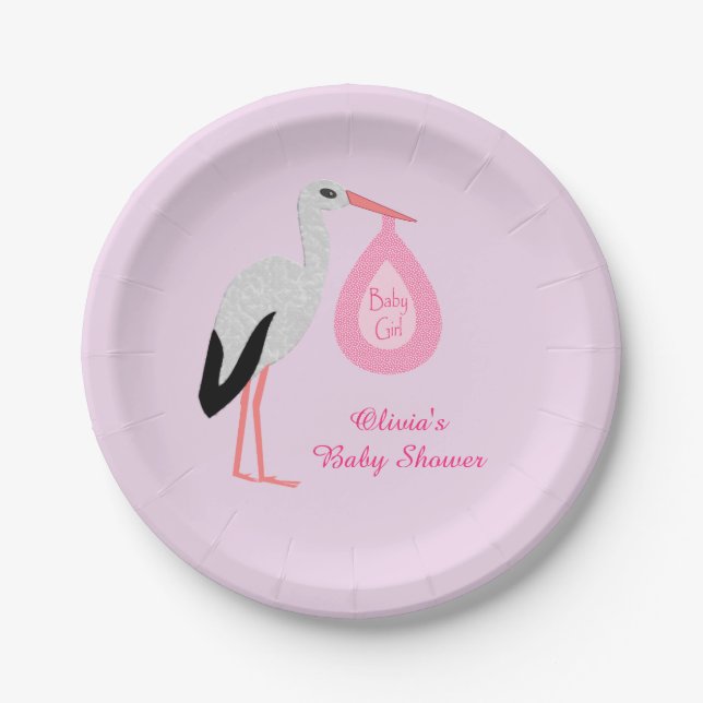 Pretty Pink baby Girl Stork Baby Shower Custom Paper Plates (Front)