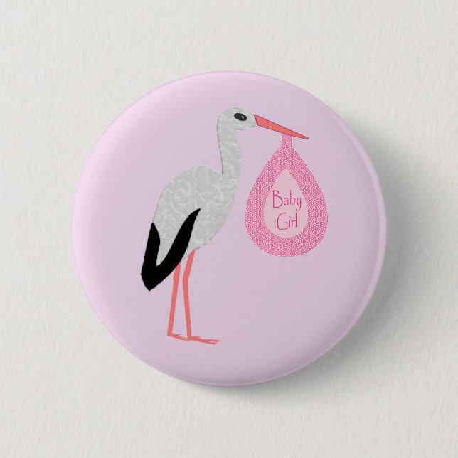 Pretty Pink Baby Girl Stork Button (Front)