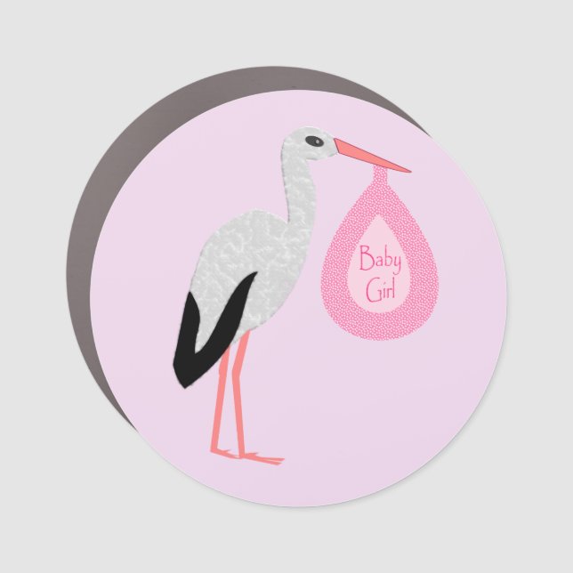 Pretty Pink Baby Girl Stork Car Magnet (Front)
