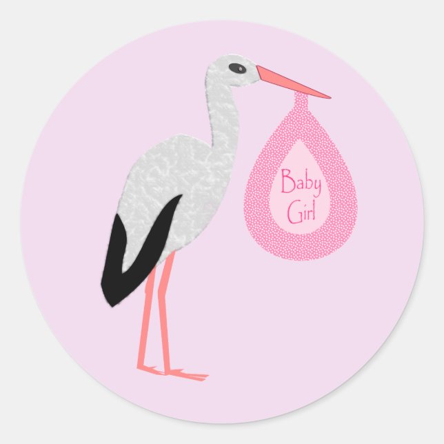 Pretty Pink Baby Girl Stork Classic Round Sticker (Front)