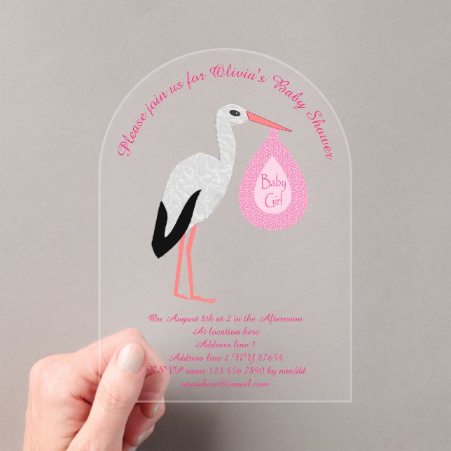 Pretty Pink Baby Girl Stork Custom Baby Shower Acrylic Invitations (Insitu (Handheld))