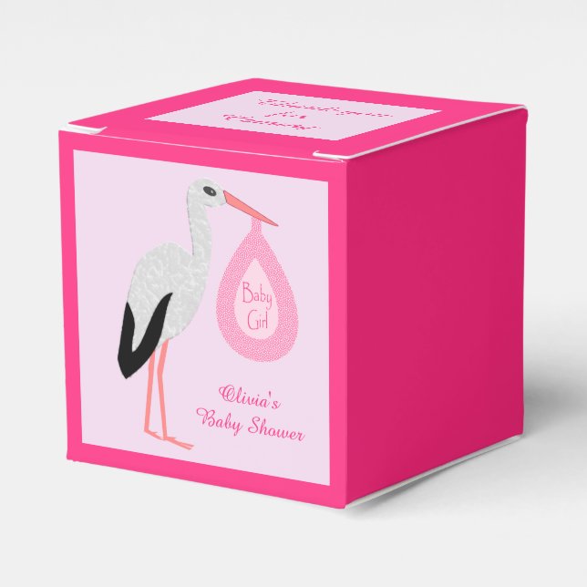 Pretty Pink Baby Girl Stork Custom Baby Shower Favor Boxes (Front Side)