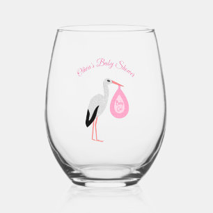 Pretty Pink Baby Girl Stork Custom Baby Shower Stemless Wine Glass