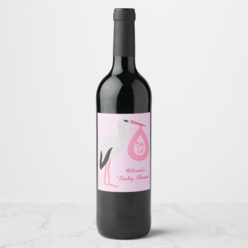 Pretty Pink Baby Girl Stork Custom Baby Shower Wine Label