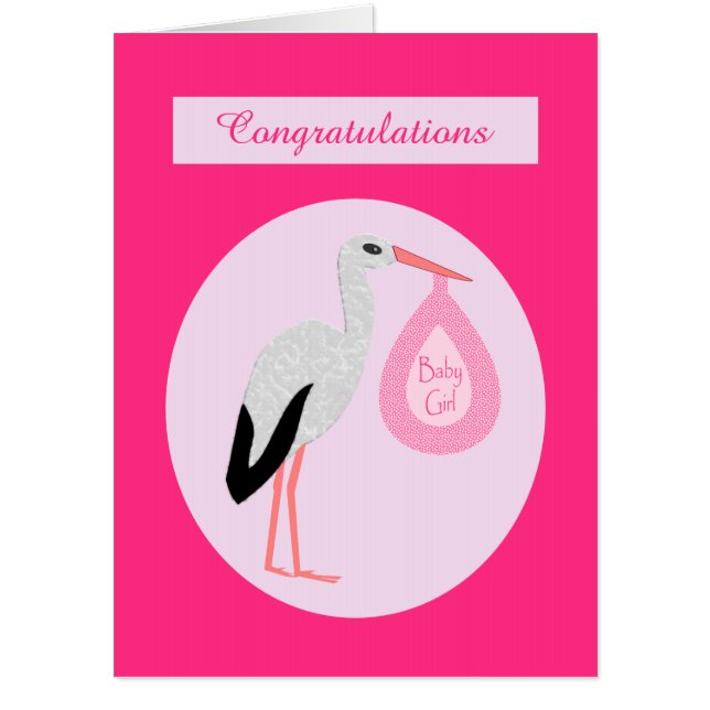 Pretty Pink Baby Girl Stork Custom Card (Front)