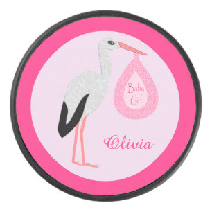 Pretty Pink Baby Girl Stork Custom Hockey Puck