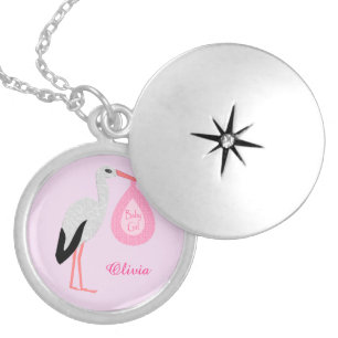 Pretty Pink Baby Girl Stork Custom Locket Necklace