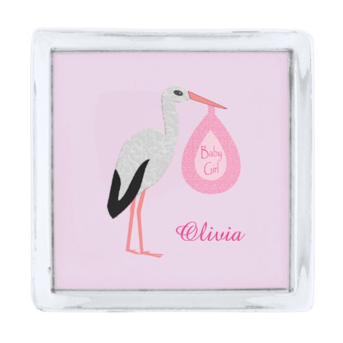 Pretty Pink Baby Girl Stork Custom Silver Finish Lapel Pin