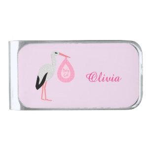 Pretty Pink Baby Girl Stork Custom Silver Finish Money Clip