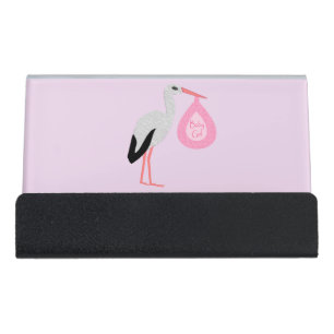 Pretty Pink Baby Girl Stork Desk Business Card Holder