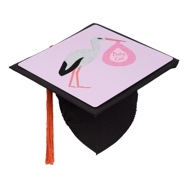 Pretty Pink Baby Girl Stork Graduation Cap Topper (Angled)