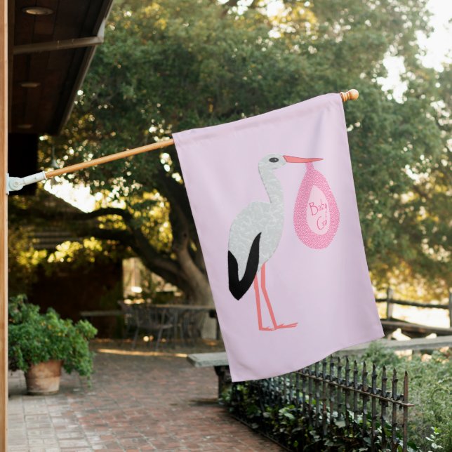 Pretty Pink Baby Girl Stork House Flag (In SItu)