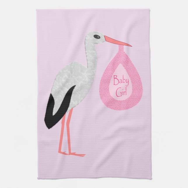 Pretty Pink Baby Girl Stork Kitchen Towel (Vertical)