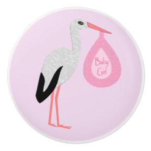 Pretty Pink Baby Girl Stork Nursery Ceramic Knob