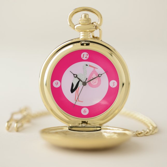 Pretty Pink Baby Girl Stork Pocket Watch (Inside)