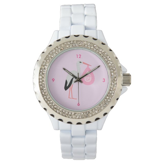 Pretty Pink Baby Girl Stork Watch (Front)