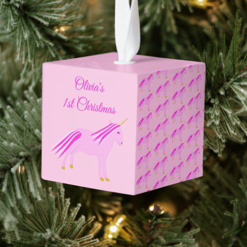 Pretty Pink Baby Girl Unicorn 1st Christmas Custom Cube Ornament