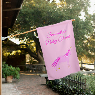 Pretty Pink Baby Girl Unicorn Baby Shower Custom House Flag