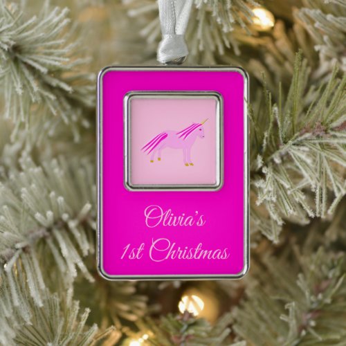 Pretty Pink Baby Girl Unicorn Custom 1st Christmas Ornament