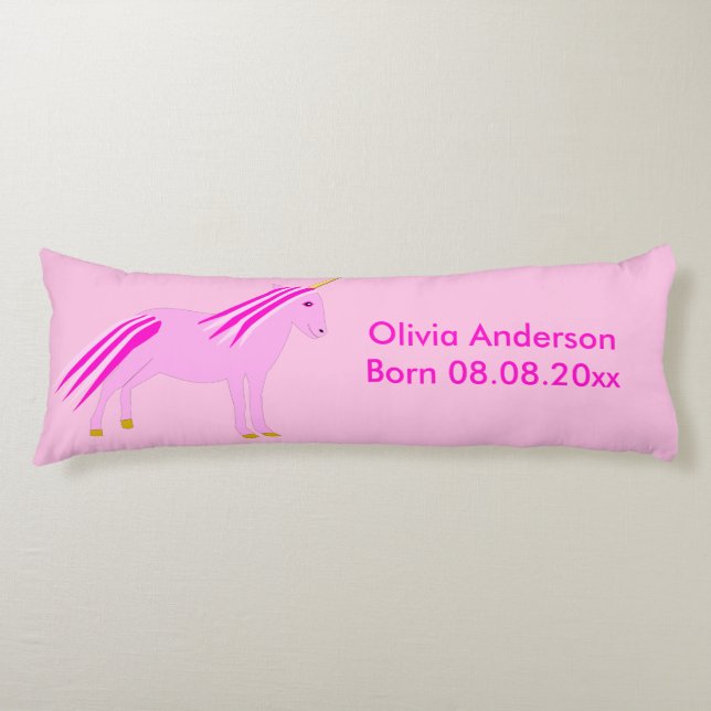 Pretty Pink Baby Girl Unicorn Custom Birth Body Pillow (Front)