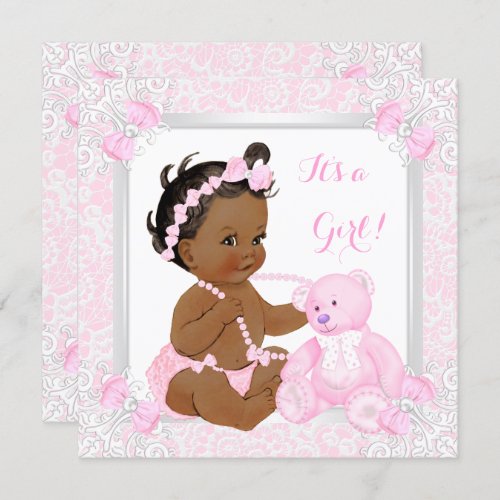 Pretty Pink Baby Shower Girl Lace Bear Ethnic Invitation