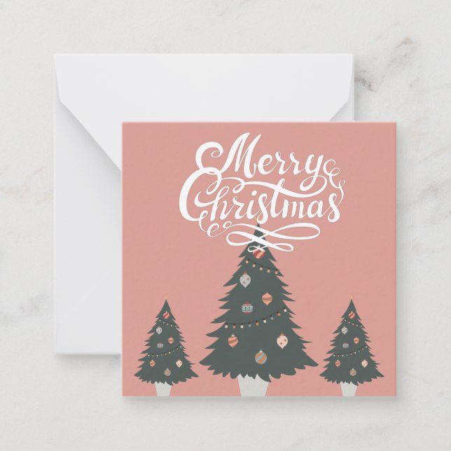 Pretty pink backgroun modern script tree Christmas Note Card (Front)