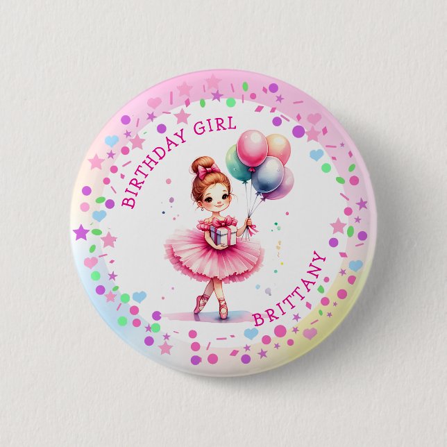 Pretty Pink Ballerina Girl's Birthday Girl Button (Front)