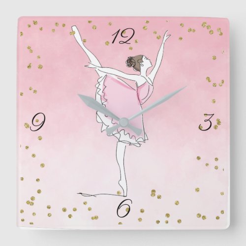 Pretty Pink Ballerina Glam Ombre Square Wall Clock