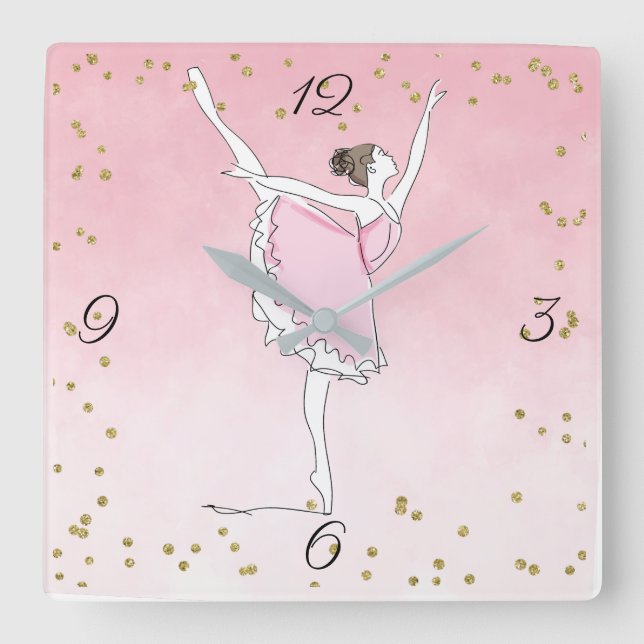 Pretty Pink Ballerina Glam Ombre Square Wall Clock (Front)