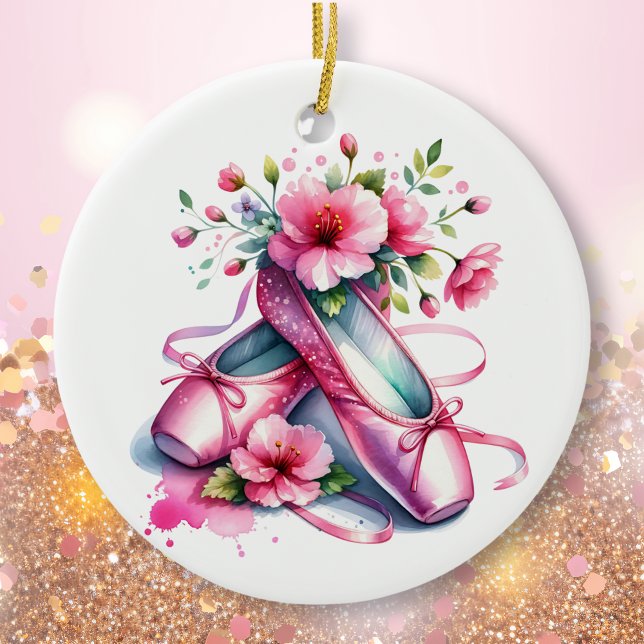 Pretty Pink Ballet Shoes and Flowers Personalized  Ceramic Ornament (Creator Uploaded)
