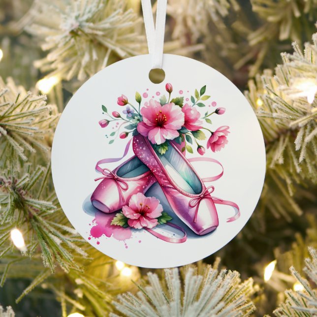 Pretty Pink Ballet Shoes and Flowers Personalized  Metal Ornament (Insitu)