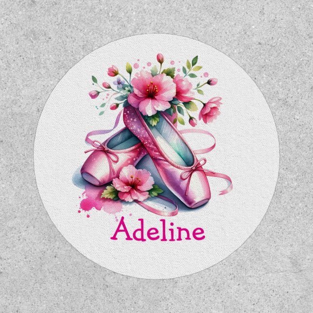 Pretty Pink Ballet Shoes and Flowers Personalized Patch (Front)