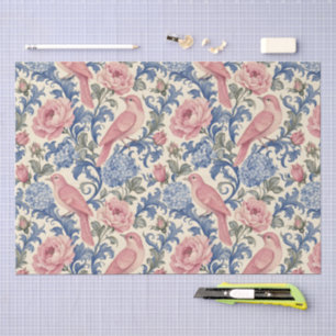 Pretty Pink Bird & Blue Floral Botanical Pattern Tissue Paper