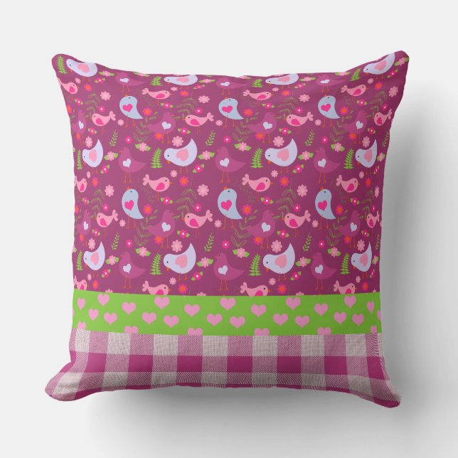 Pretty Pink Birds | Valentine's Day Throw Pillow (Front)