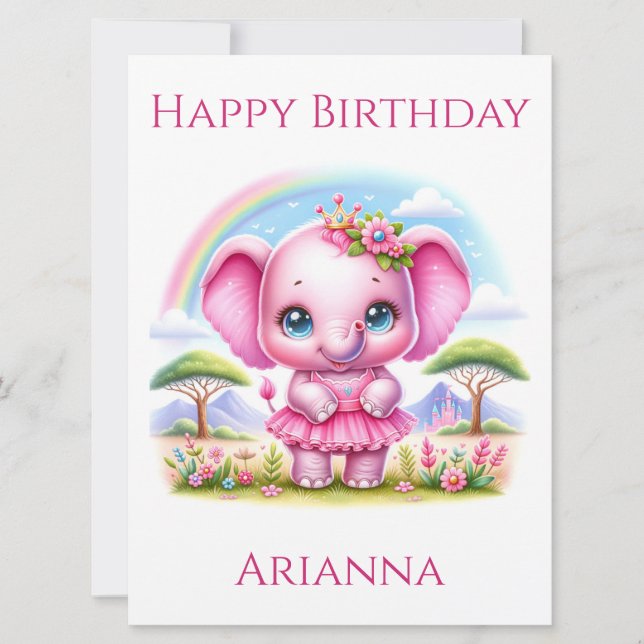 Pretty Pink Birthday Elephant Birthday Card (Front)