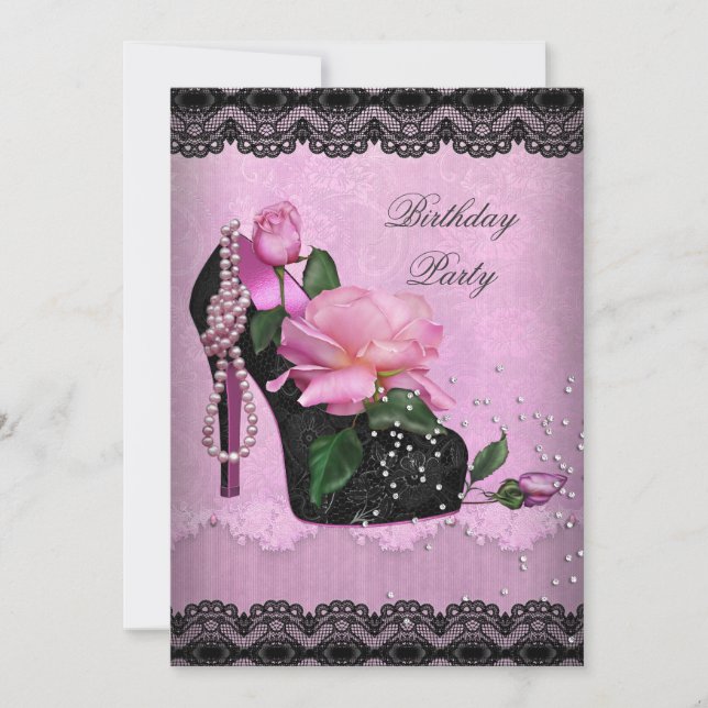 Pretty Pink Birthday Party Rose Hi Heel Black Lace Invitation (Front)