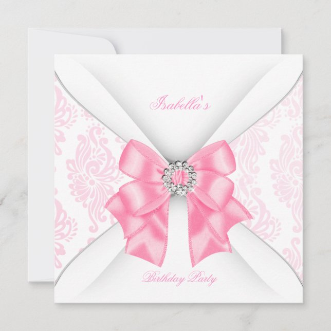 Pretty Pink Birthday Party White Diamond Bow Invitation (Front)