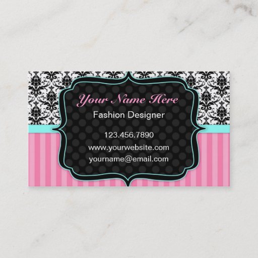 Customizable Pretty Pink, Black and White Damask Business Card